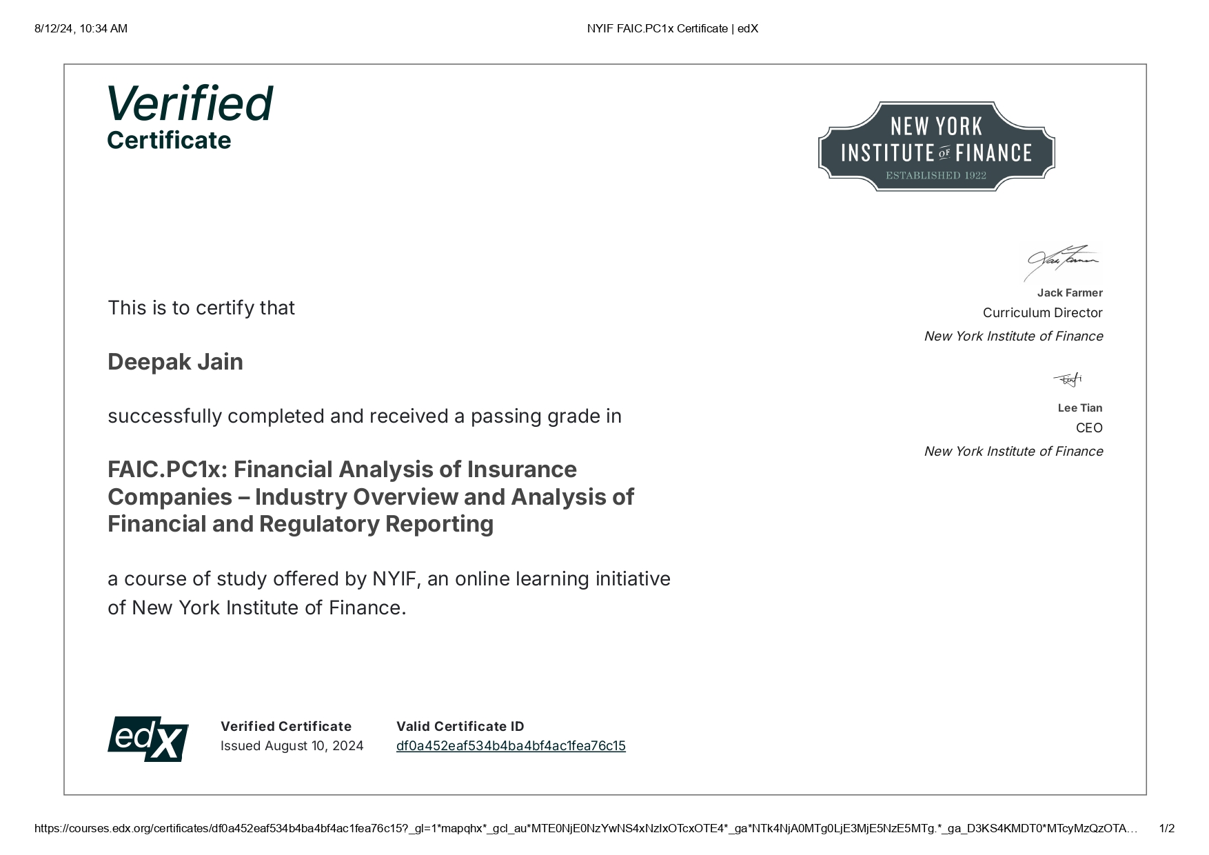New York Institute of Finance - Financial Analysis